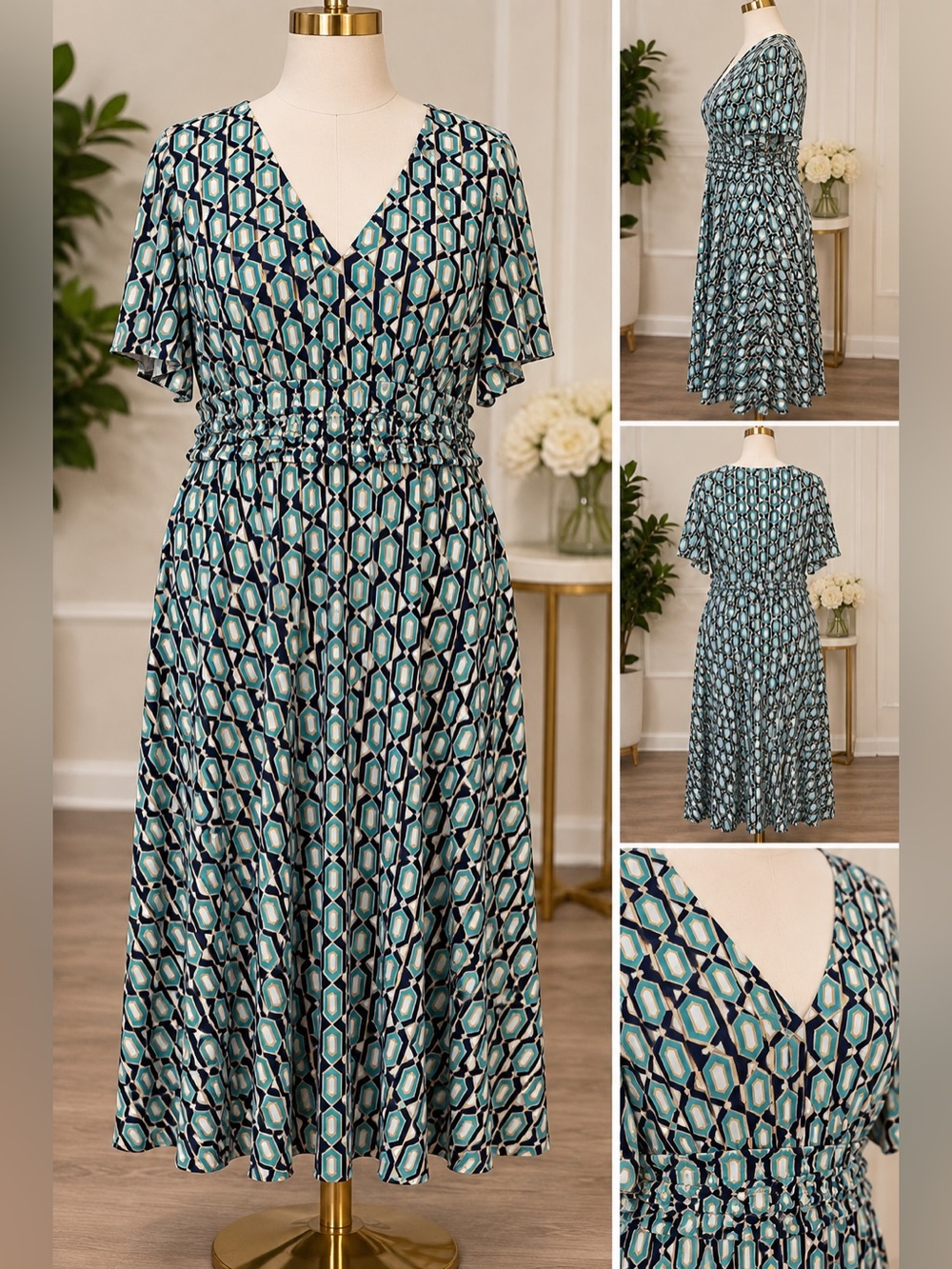 Leota 3X NWT Geometric Print V-Neck Ruched Waist Midi Dress